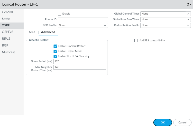 OSPF Advanced configuration tab (Graceful Restart, RFC1583).